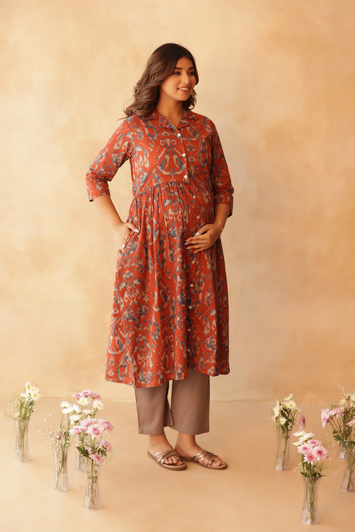 Mitti Neel Ikkat Buttoned Maternity & Nursing Kurta