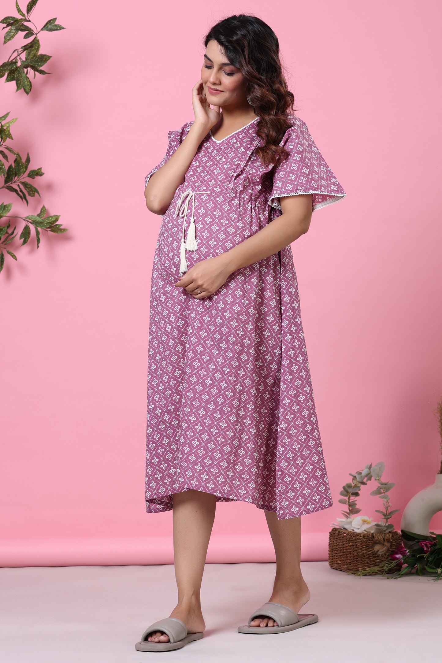 Patterned Bandhej Purple Maternity & Nursing Kaftan Dress