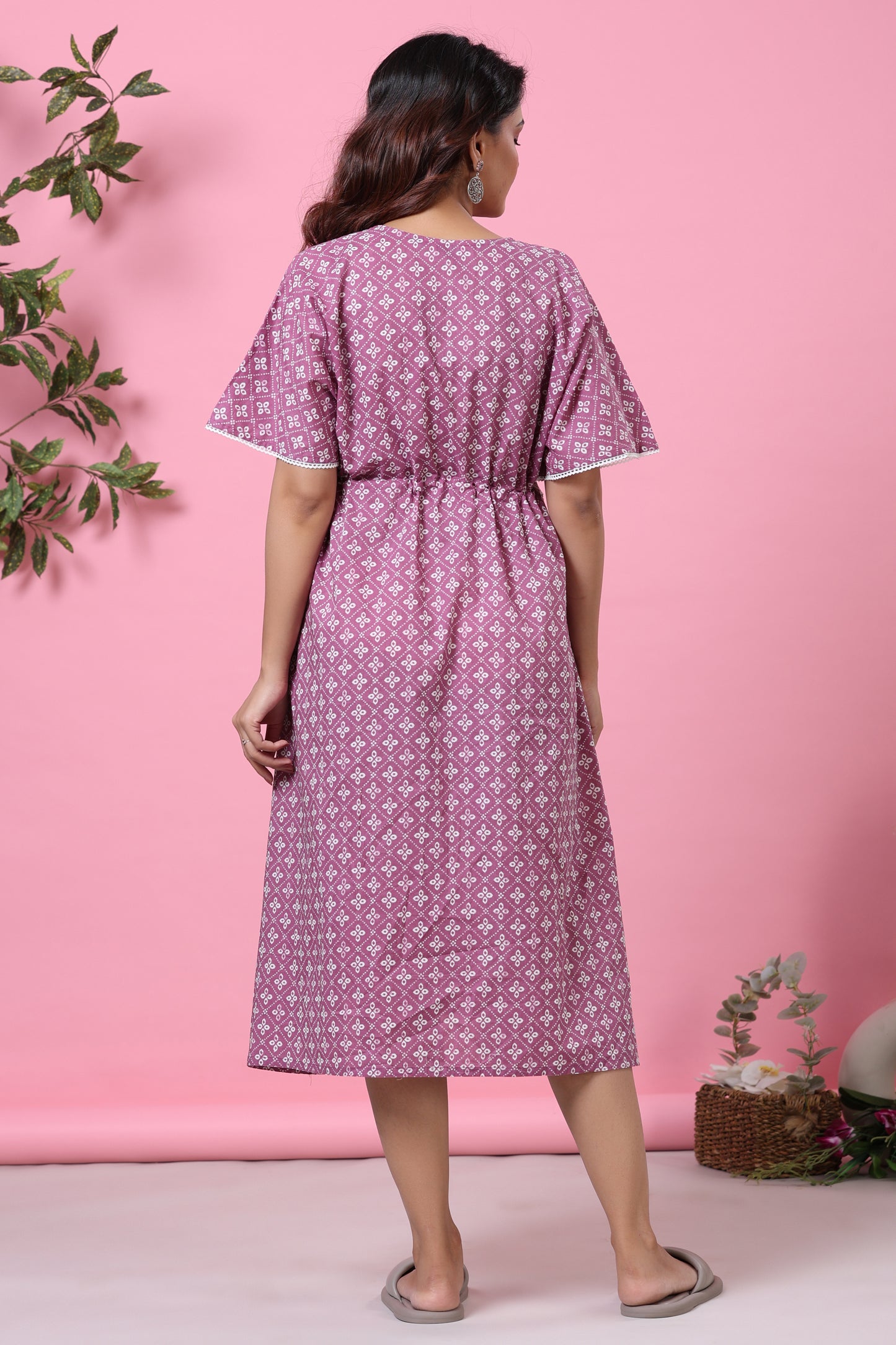 Patterned Bandhej Purple Maternity & Nursing Kaftan Dress
