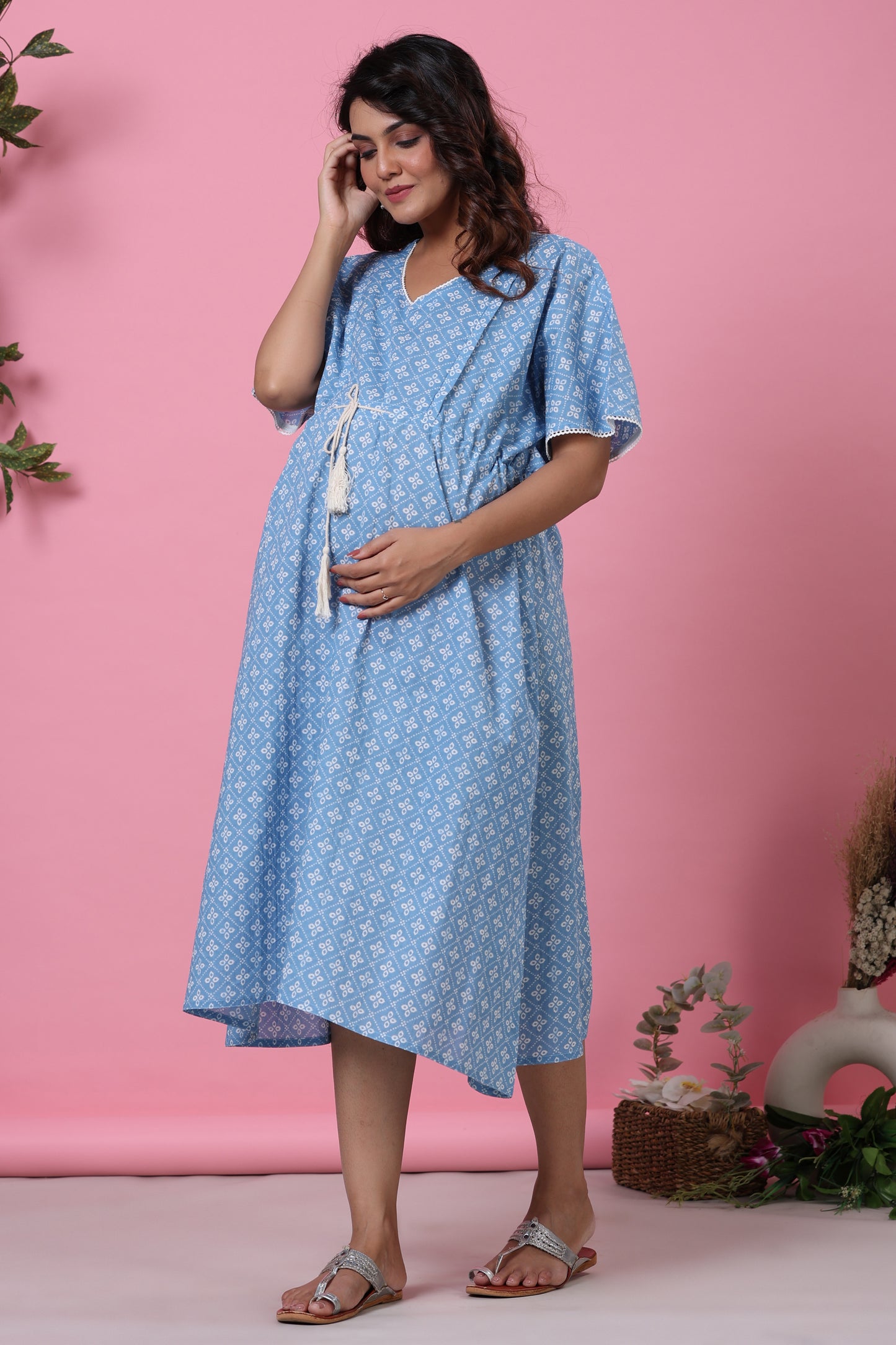Patterned Bandhej Blue Maternity & Nursing Kaftan Dress