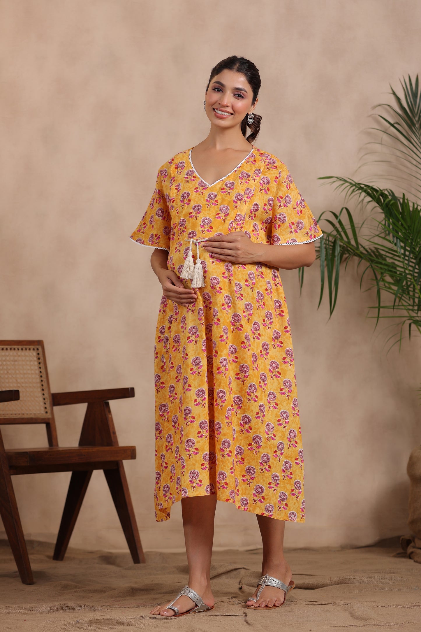 Vibrant Sunflower Maternity & Nursing Kaftan Dress