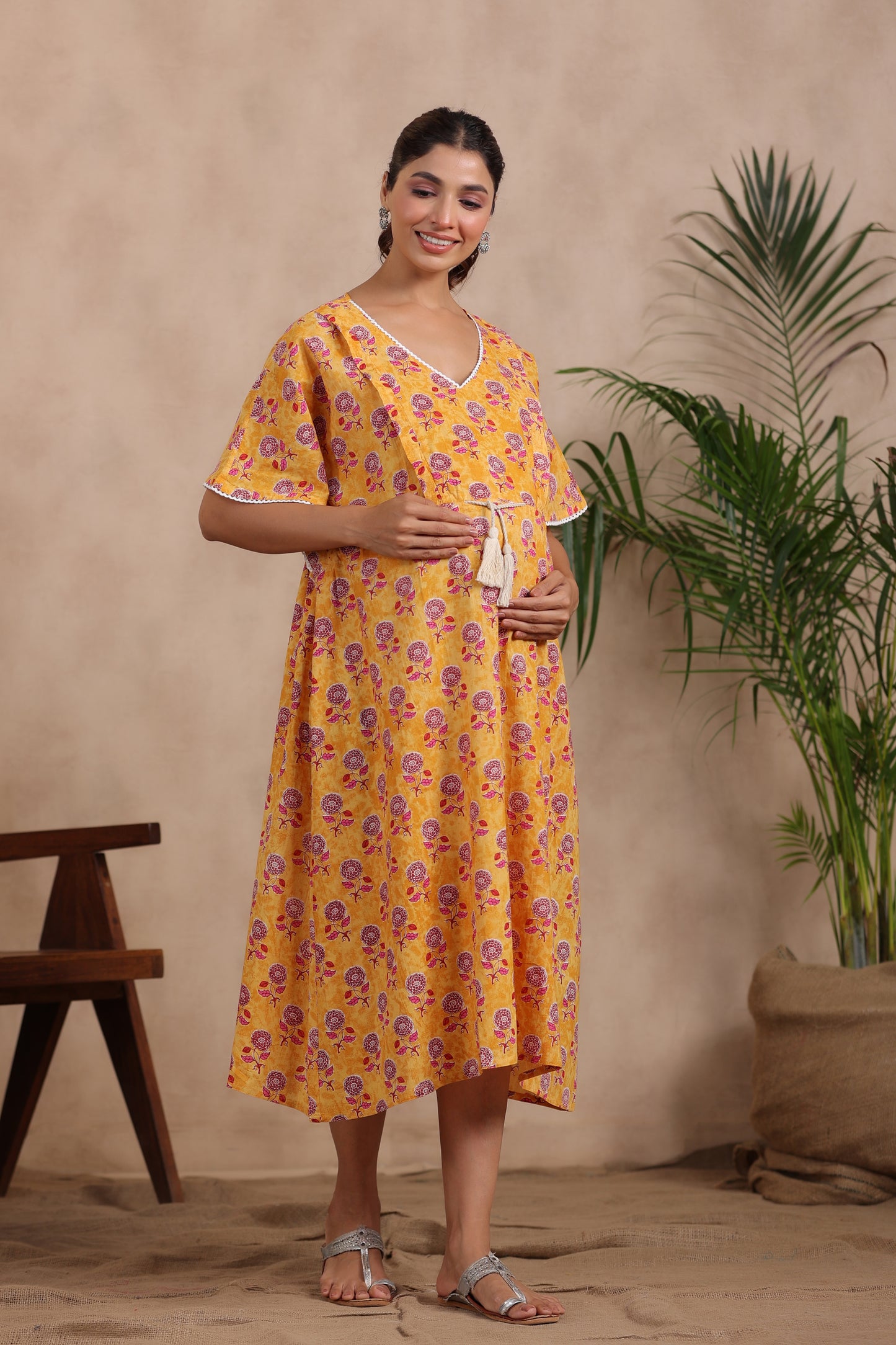 Vibrant Sunflower Maternity & Nursing Kaftan Dress