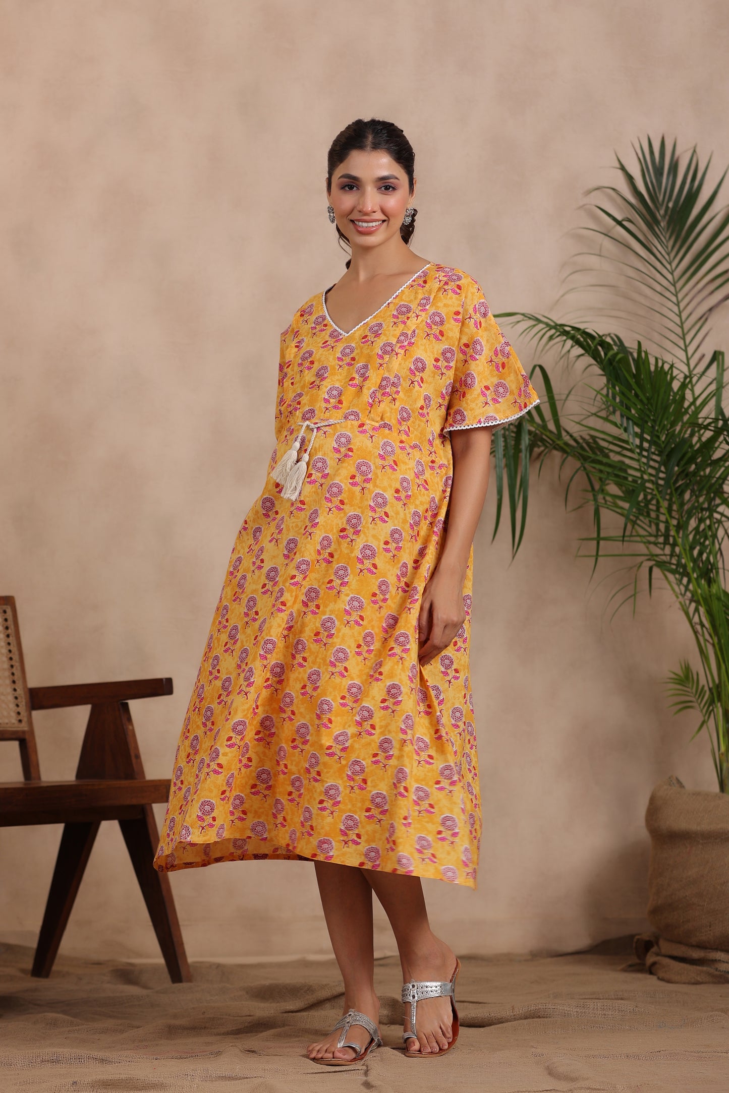 Vibrant Sunflower Maternity & Nursing Kaftan Dress