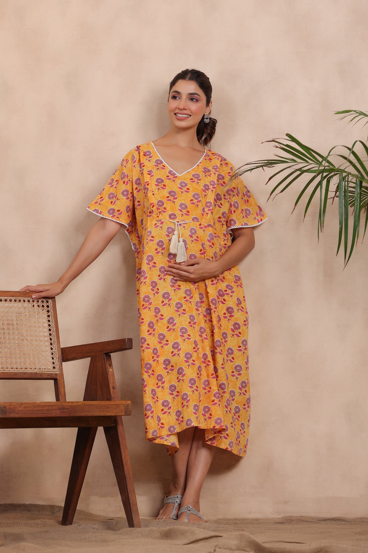 Vibrant Sunflower Maternity & Nursing Kaftan Dress