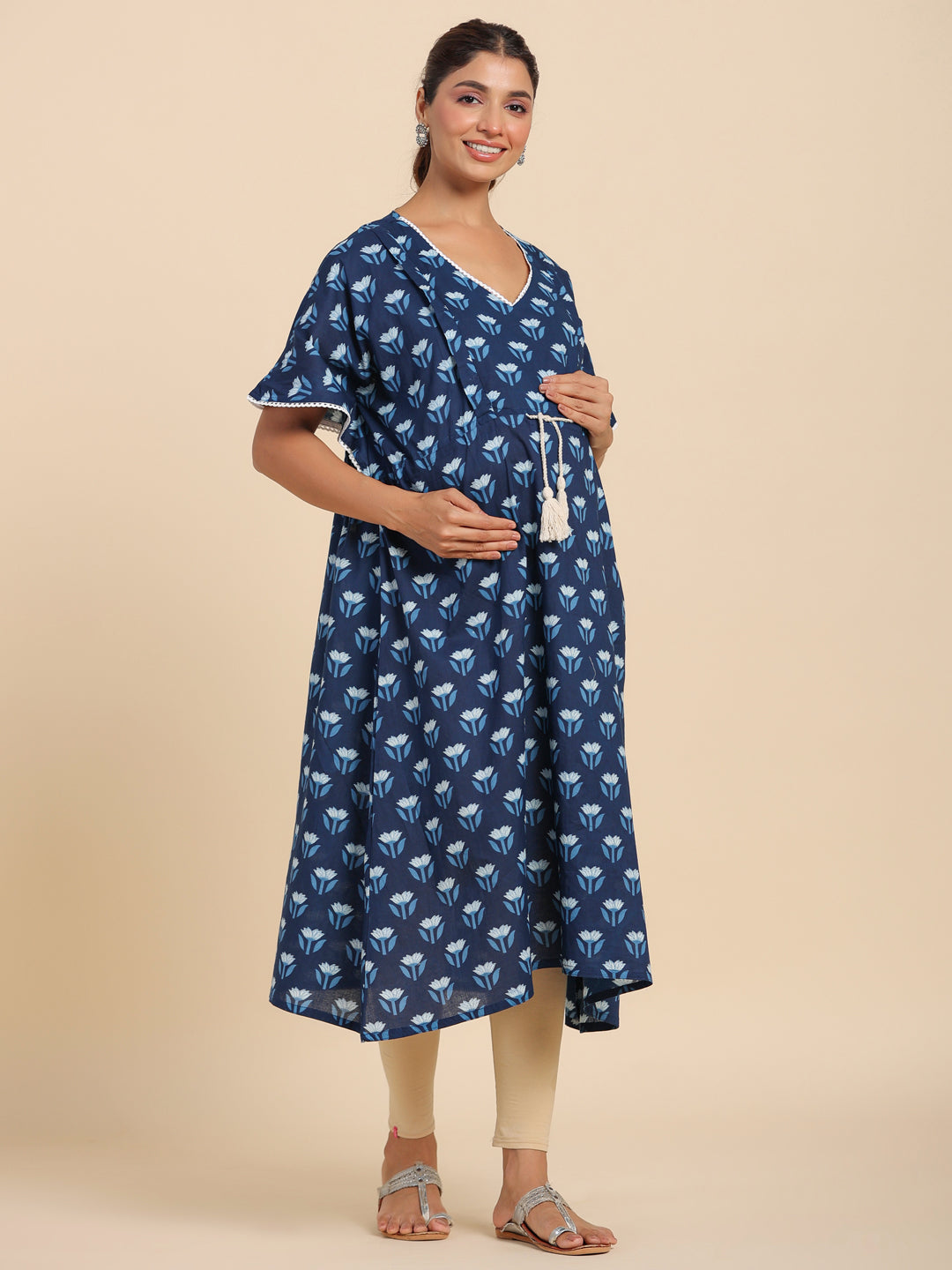 Dainty Florals On Indigo Maternity & Nursing Kaftan Kurta