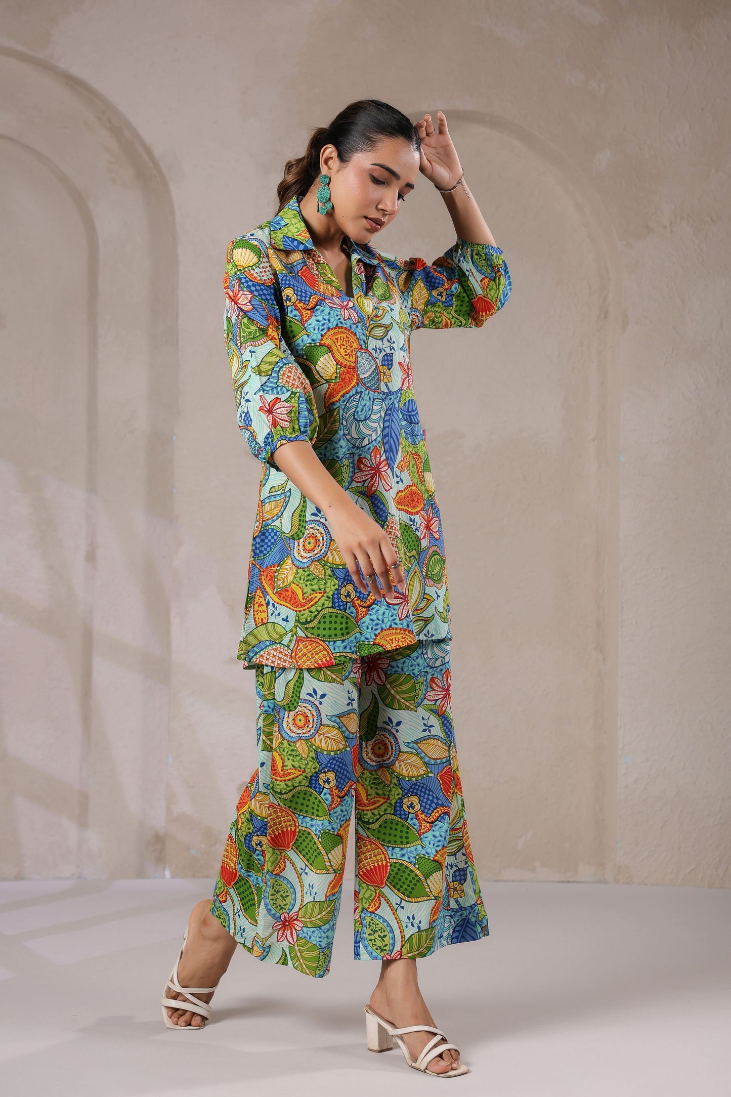 Blue Bloom Collared Cotton Co-ord Set