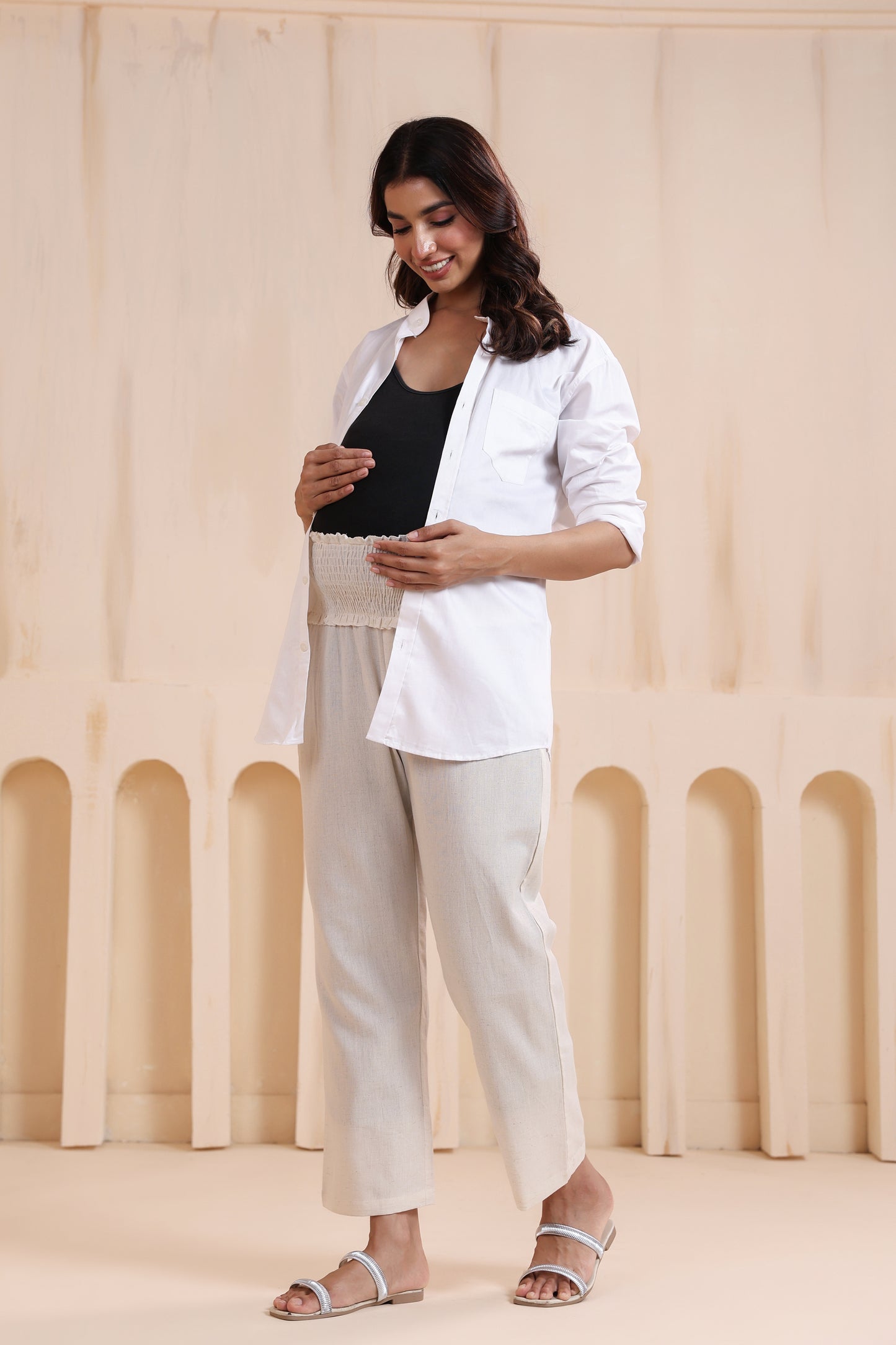 Calm Haven Off White Cotton High Rise Maternity Pant