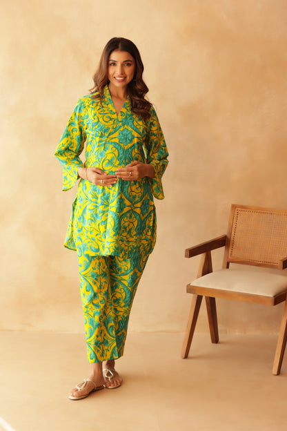 Teal Fleur on Yellow Maternity & Nursing Co-ord Set