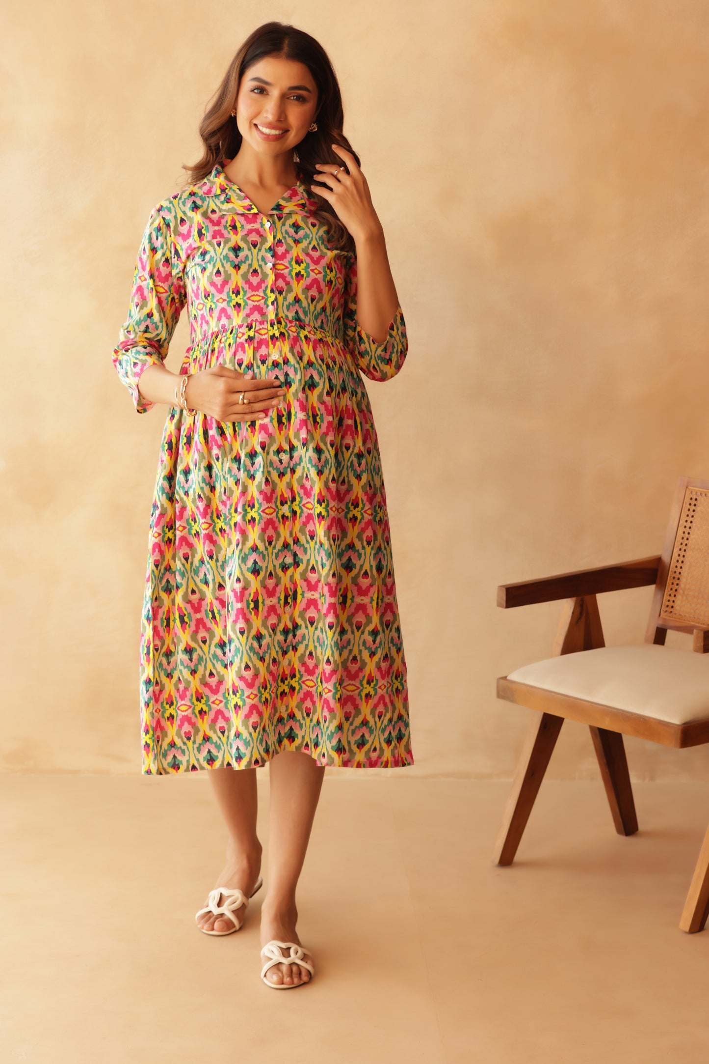 Kaleido Ikkat Buttoned Maternity & Nursing Dress