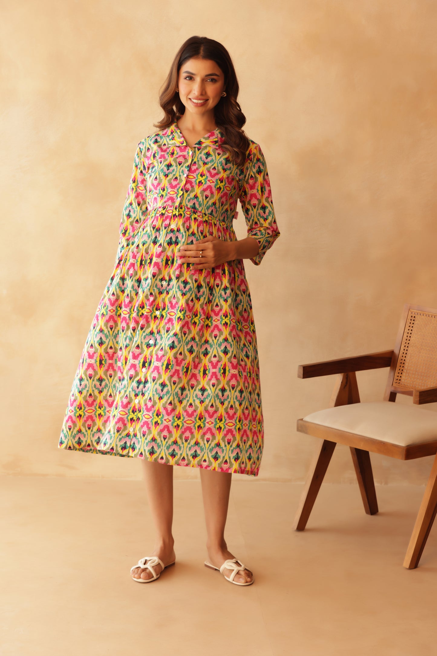 Kaleido Ikkat Buttoned Maternity & Nursing Dress
