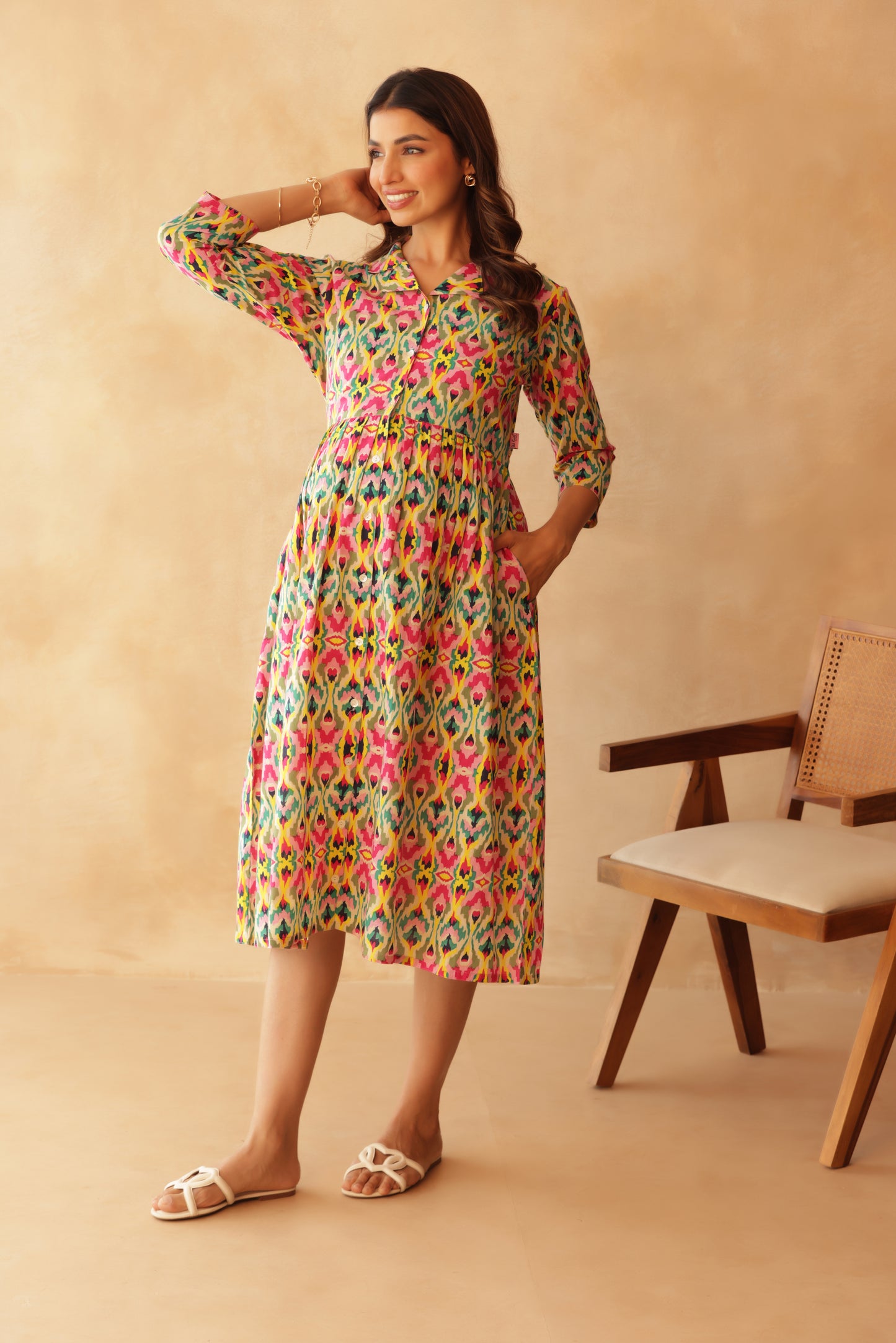 Kaleido Ikkat Buttoned Maternity & Nursing Dress