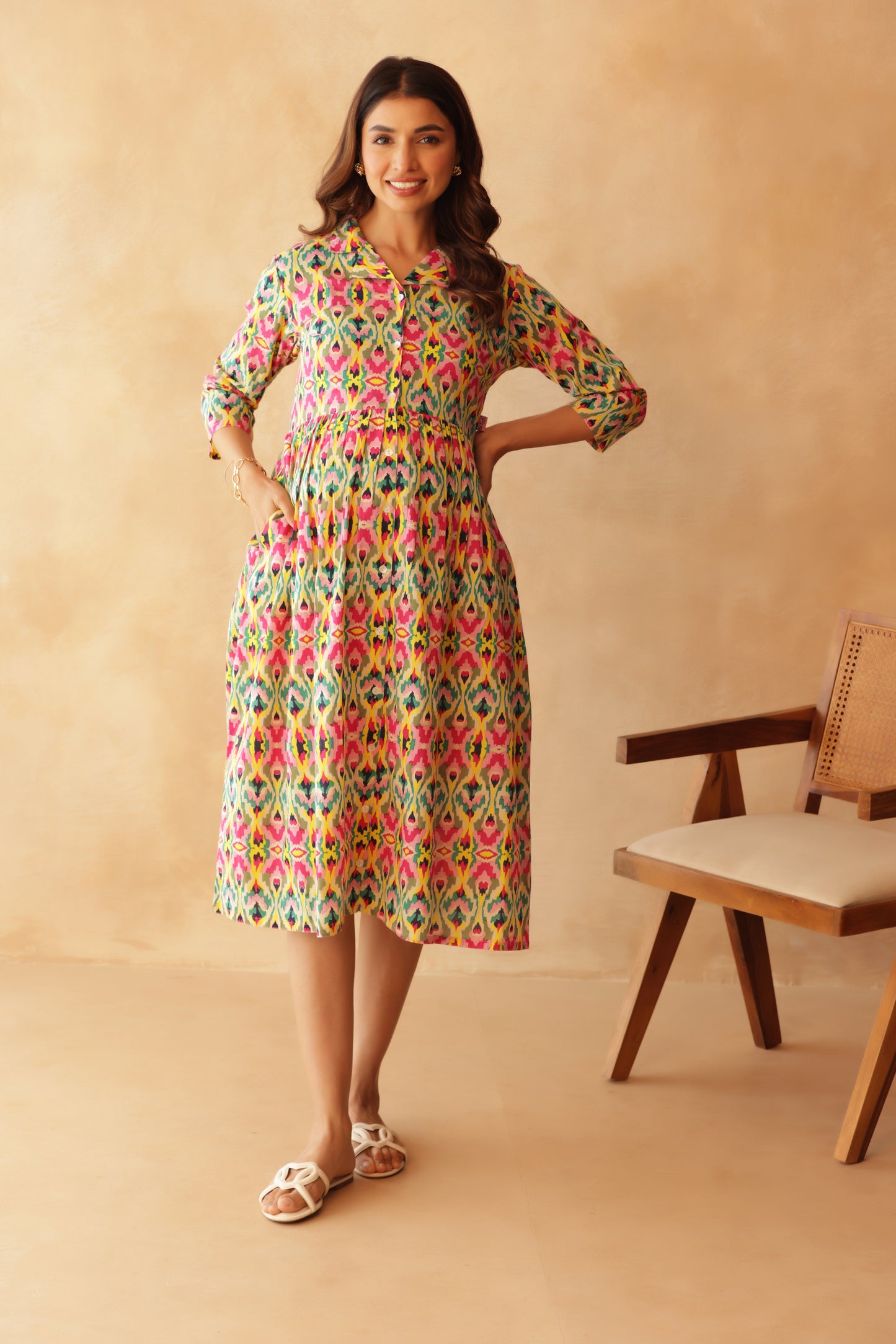 Kaleido Ikkat Buttoned Maternity & Nursing Dress