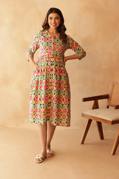 Kaleido Ikkat Buttoned Maternity & Nursing Dress
