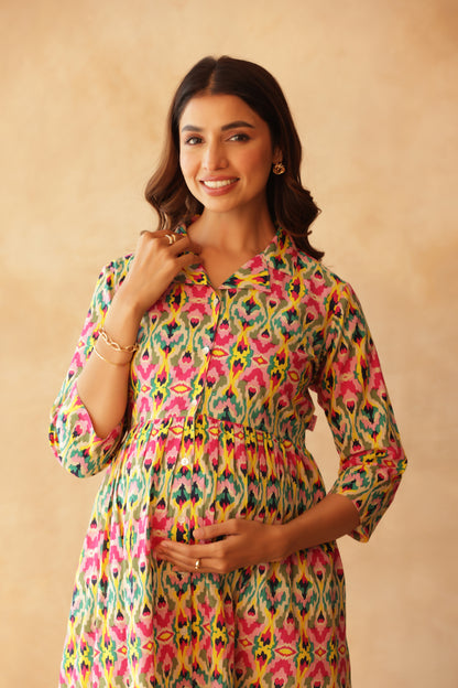 Kaleido Ikkat Buttoned Maternity & Nursing Dress