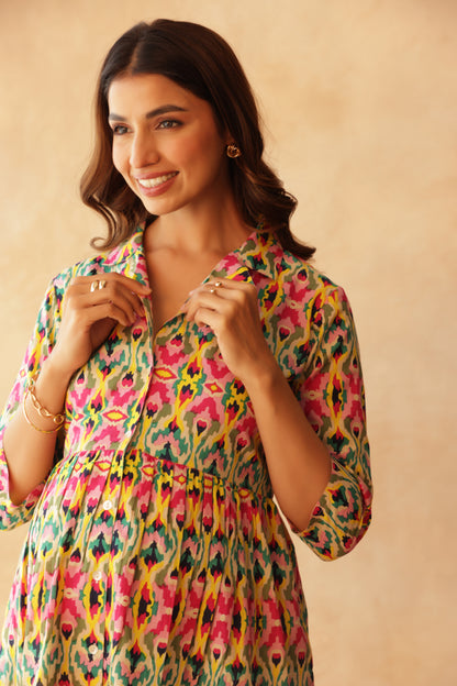 Kaleido Ikkat Buttoned Maternity & Nursing Dress