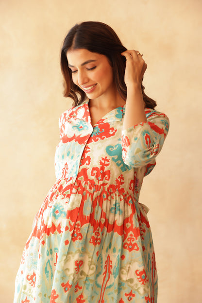 Aqua Coral Ikkat Lagoon Maternity & Nursing Kurta