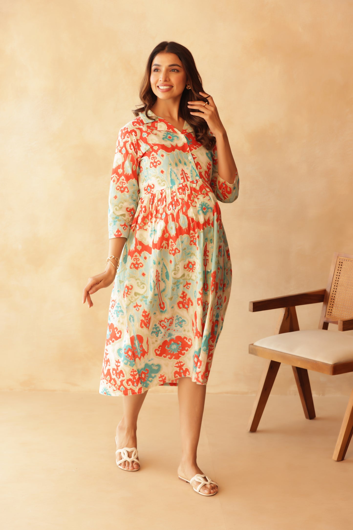 Aqua Coral Ikkat Lagoon Buttoned Maternity & Nursing Dress