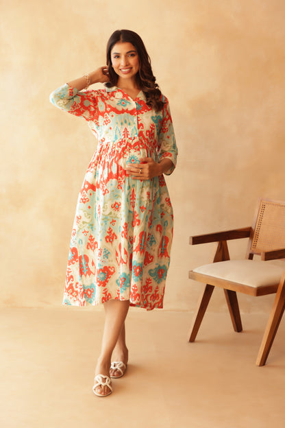 Aqua Coral Ikkat Lagoon Buttoned Maternity & Nursing Dress