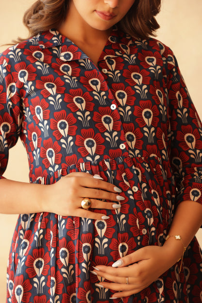 Bloom in Blue Buttoned Maternity & Nursing Dress