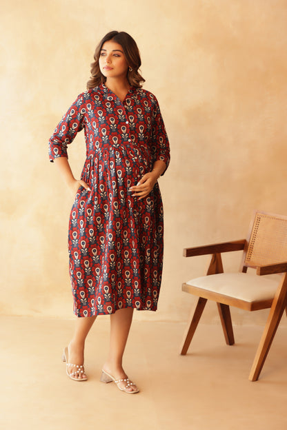 Bloom in Blue Buttoned Maternity & Nursing Dress