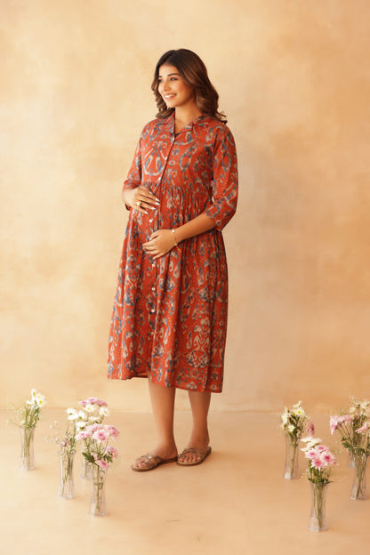 Mitti Neel Ikkat Buttoned Maternity & Nursing Dress