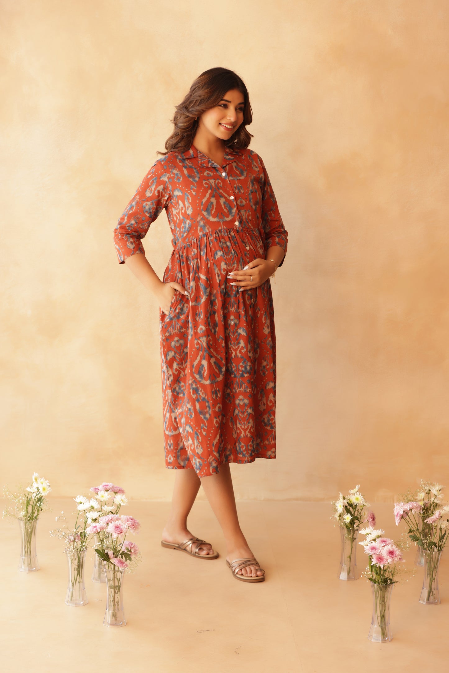 Mitti Neel Ikkat Buttoned Maternity & Nursing Dress