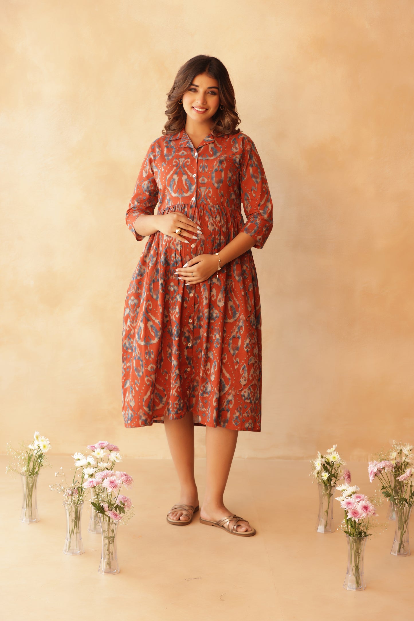 Mitti Neel Ikkat Buttoned Maternity & Nursing Dress