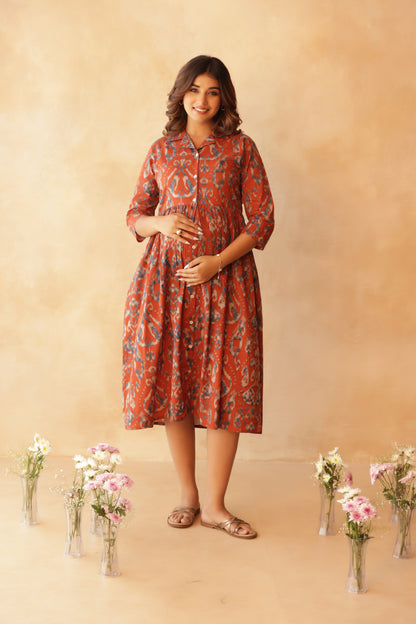 Mitti Neel Ikkat Buttoned Maternity & Nursing Dress