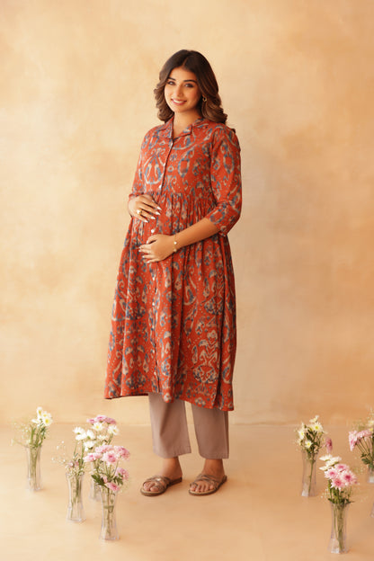 Mitti Neel Ikkat Buttoned Maternity & Nursing Kurta