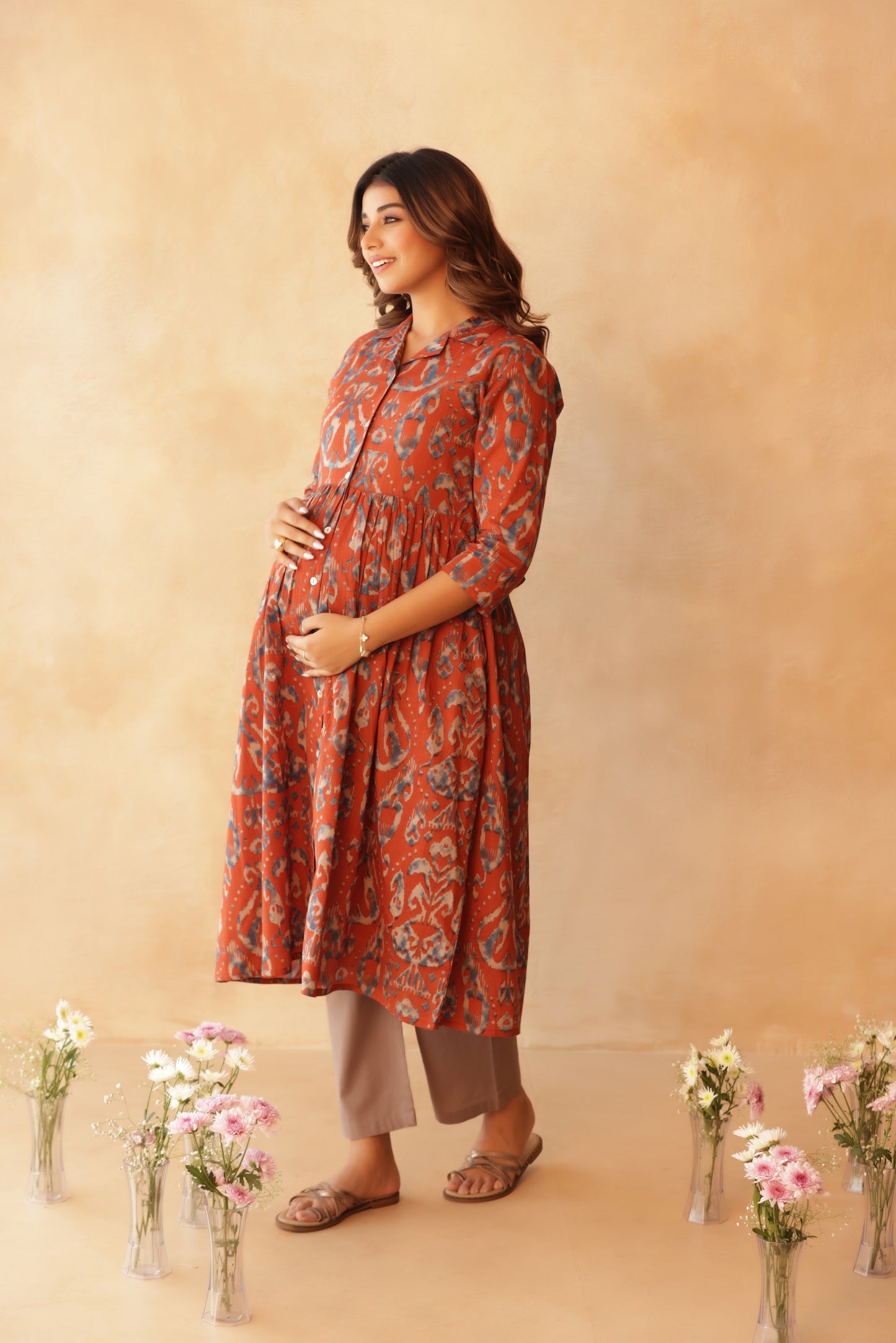 Mitti Neel Ikkat Buttoned Maternity & Nursing Kurta