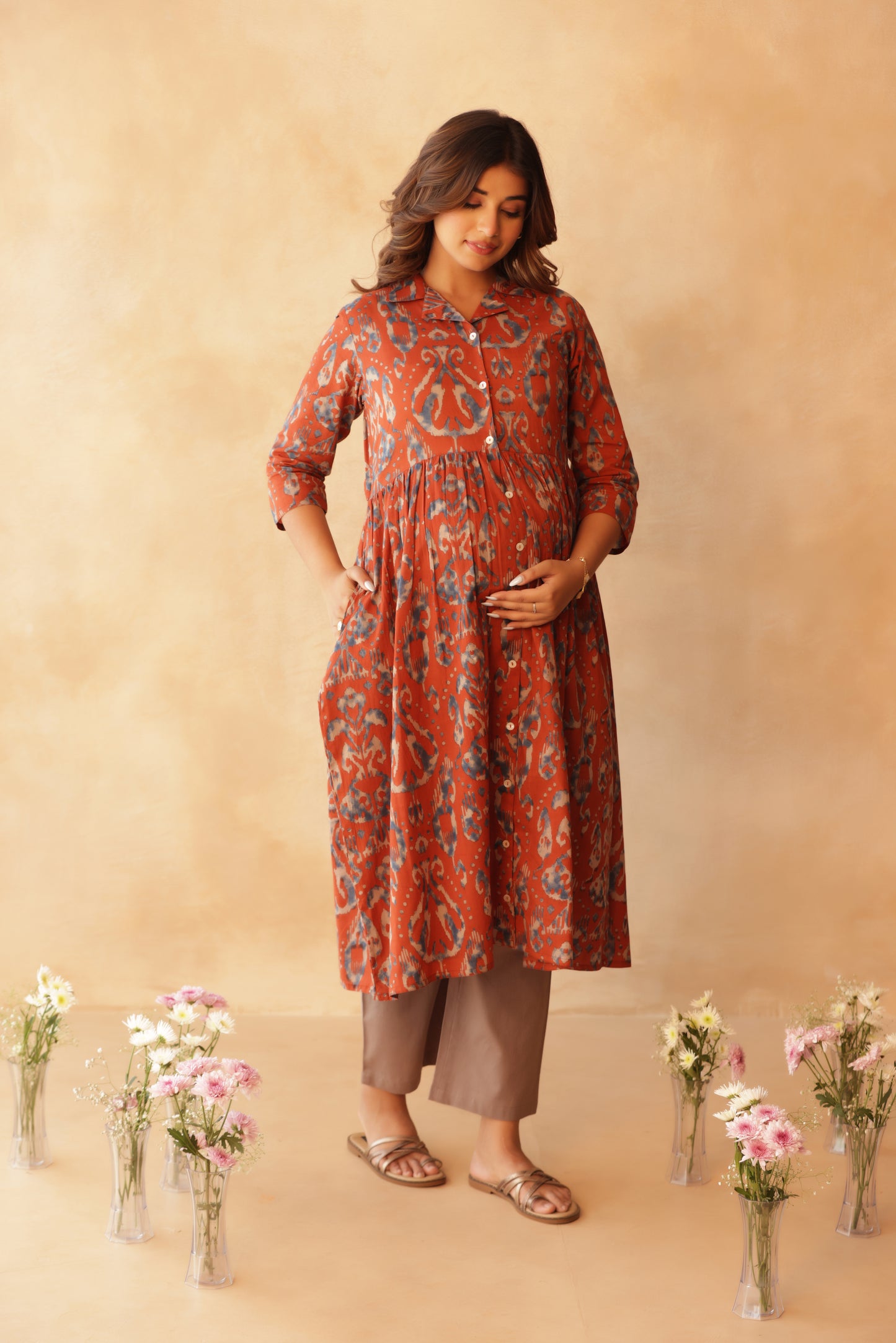 Mitti Neel Ikkat Buttoned Maternity & Nursing Kurta