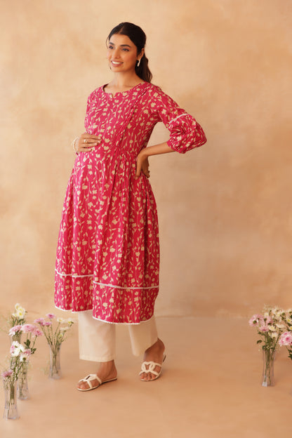 Rosewood Floral Drift Maternity & Nursing Kurta