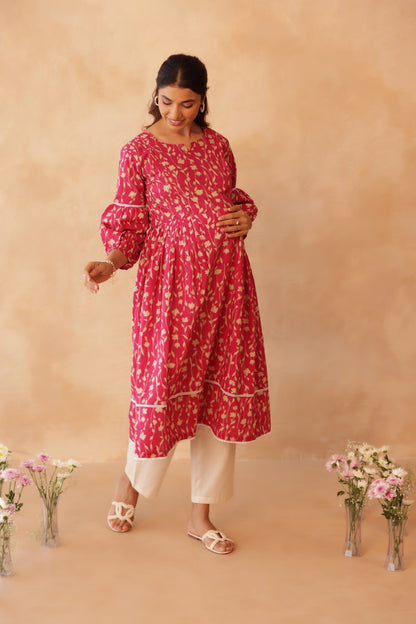 Rosewood Floral Drift Maternity & Nursing Kurta