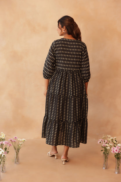 Noir Ikkat Trail Maternity & Nursing Tier Dress
