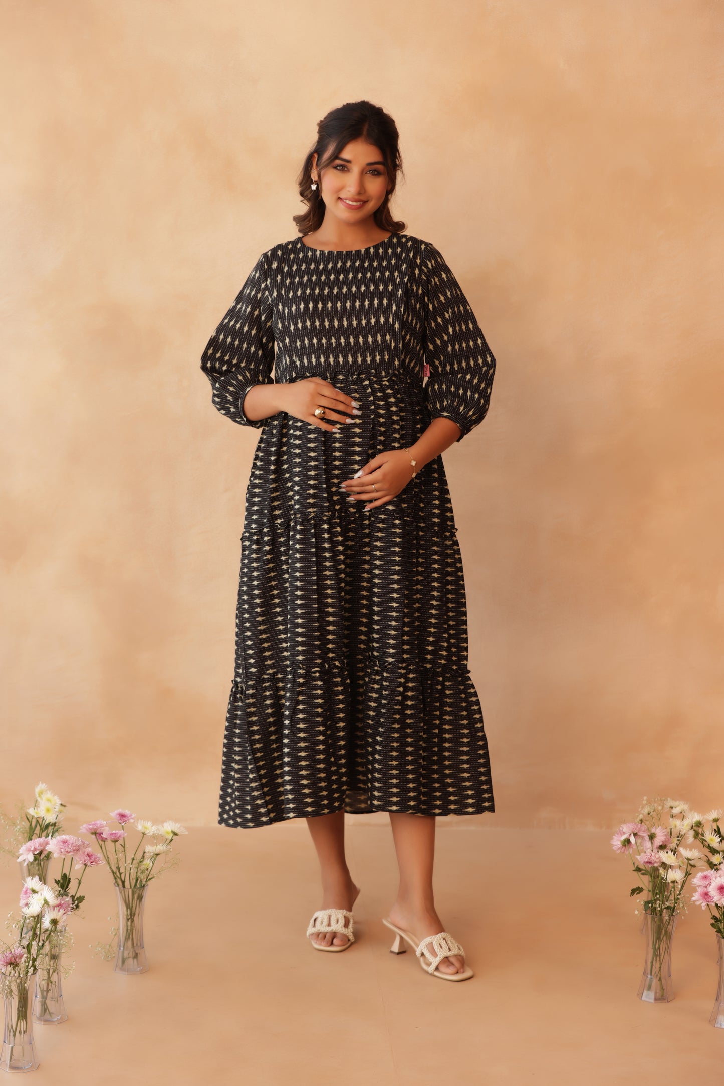 Noir Ikkat Trail Maternity & Nursing Tier Dress
