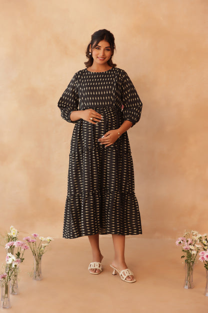 Noir Ikkat Trail Maternity & Nursing Tier Dress