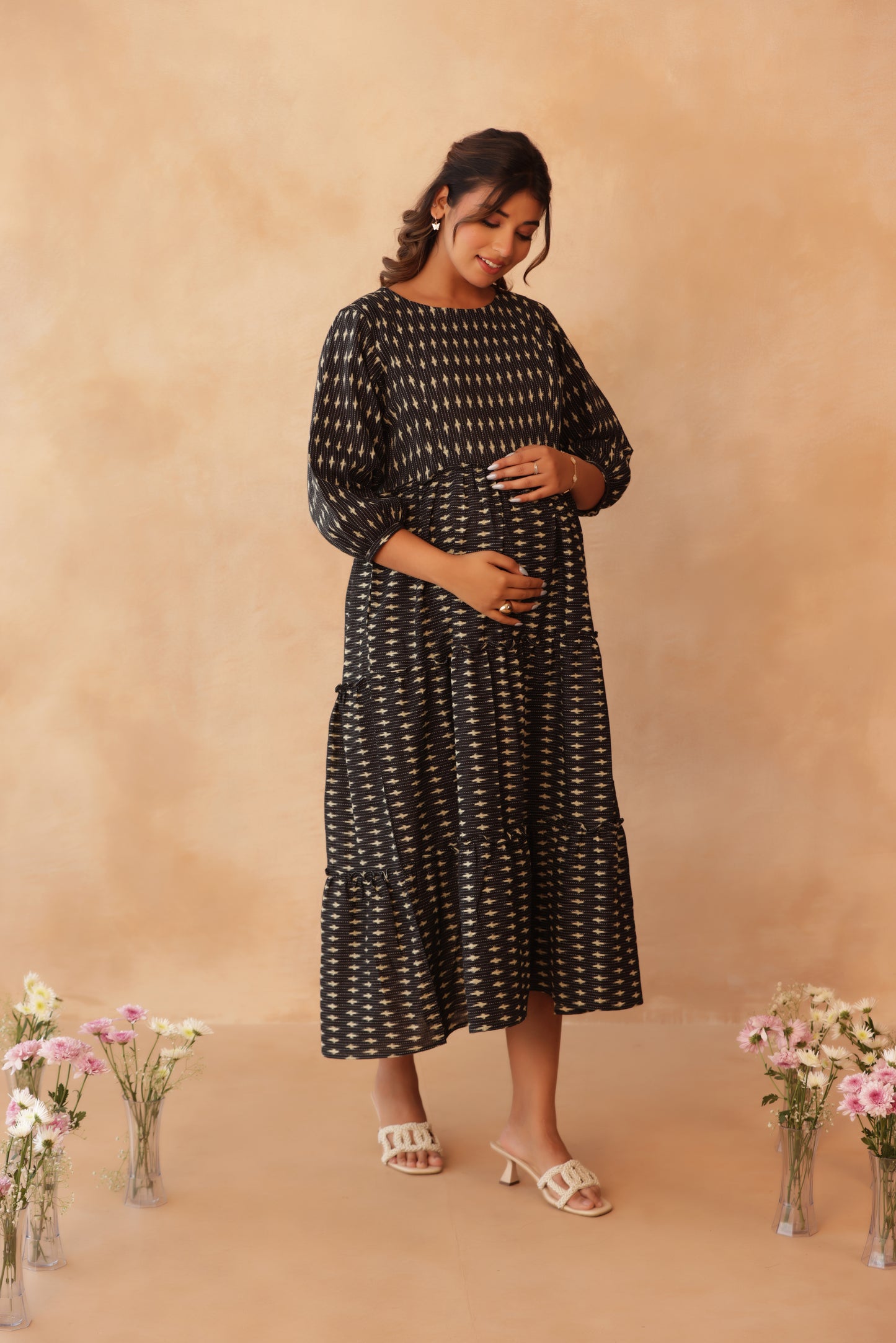 Noir Ikkat Trail Maternity & Nursing Tier Dress