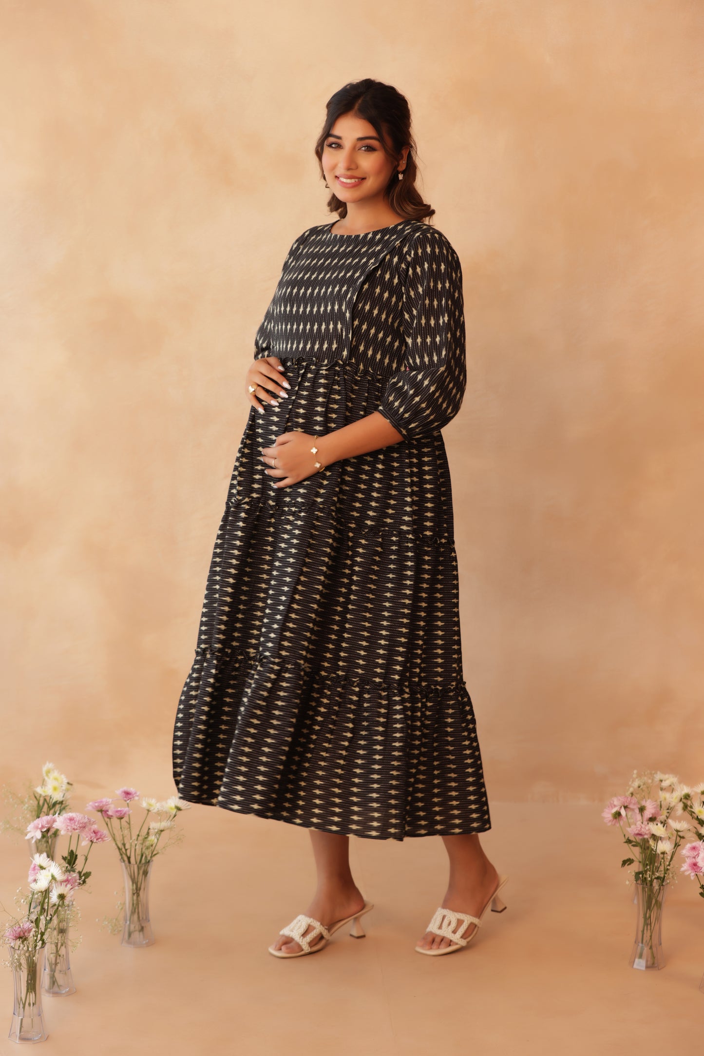 Noir Ikkat Trail Maternity & Nursing Tier Dress