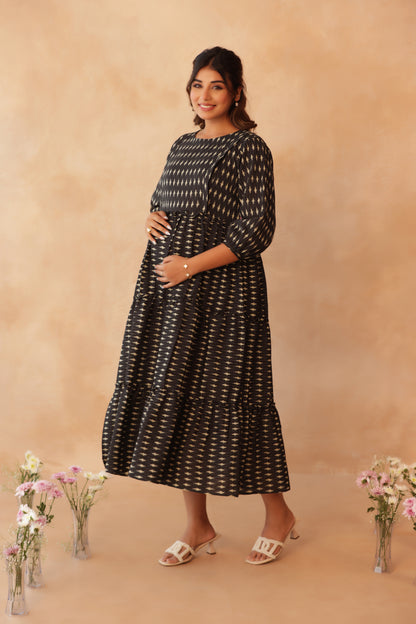 Noir Ikkat Trail Maternity & Nursing Tier Dress