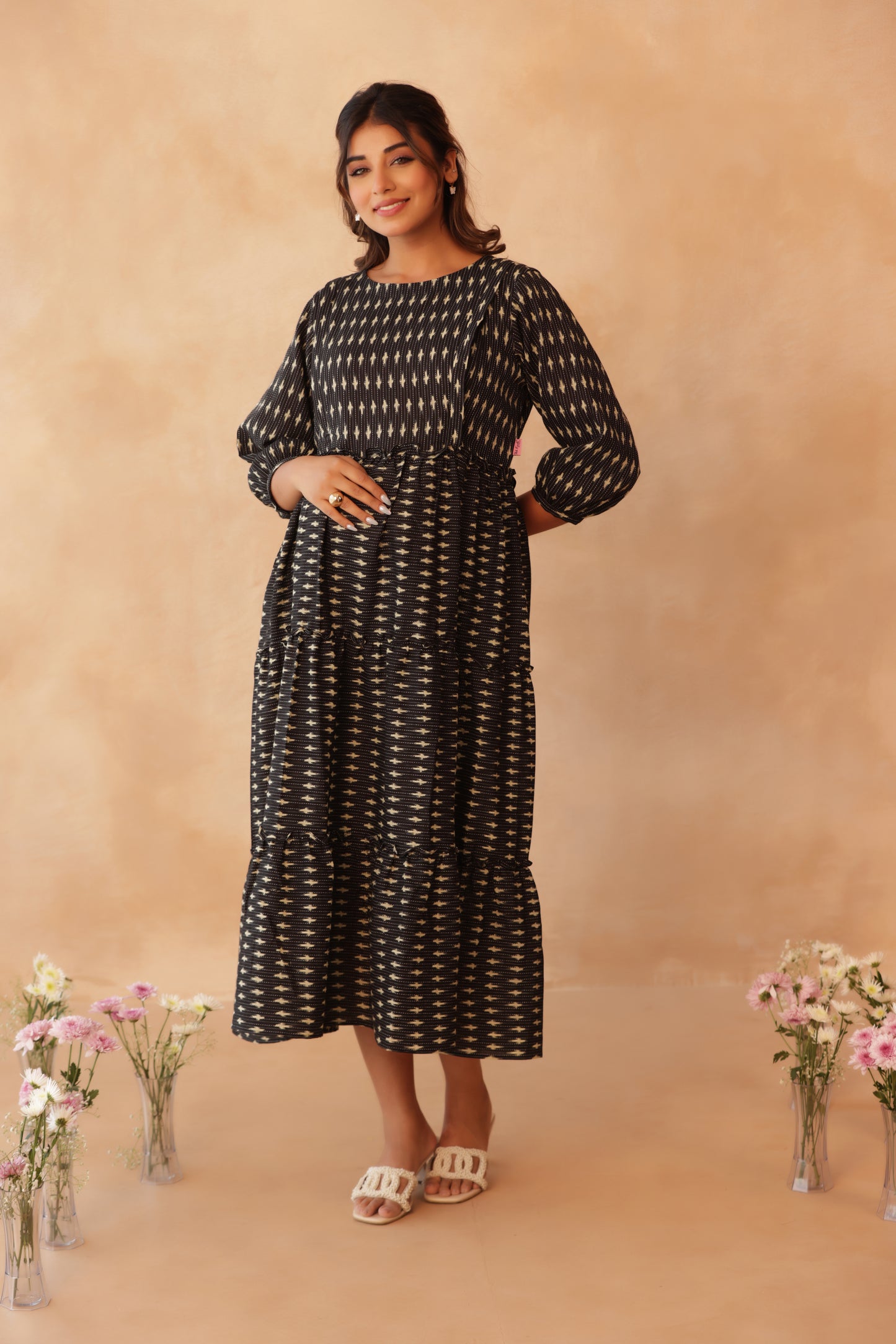 Noir Ikkat Trail Maternity & Nursing Tier Dress