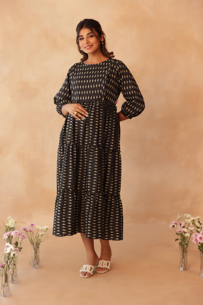 Noir Ikkat Trail Maternity & Nursing Tier Dress
