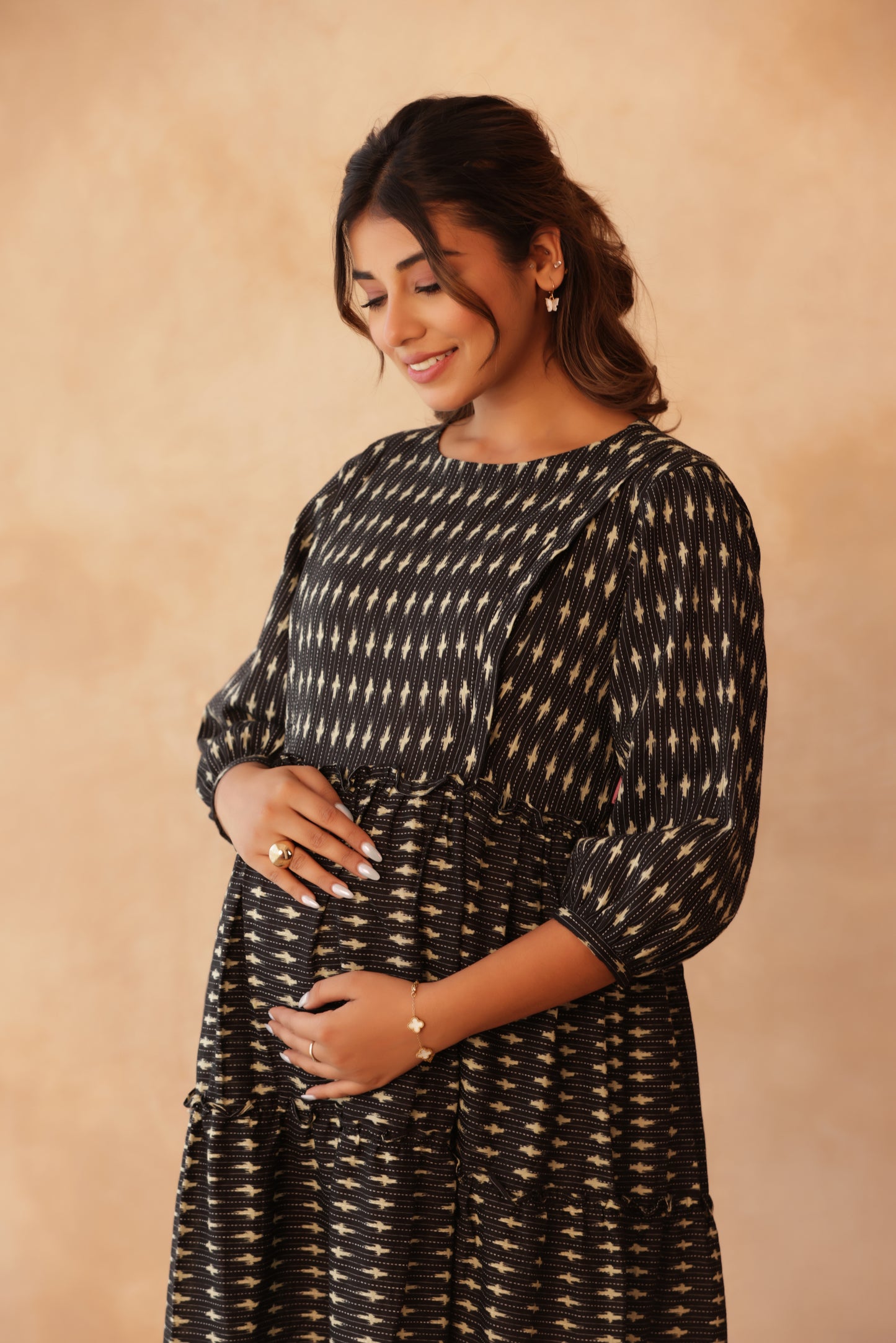 Noir Ikkat Trail Maternity & Nursing Tier Dress