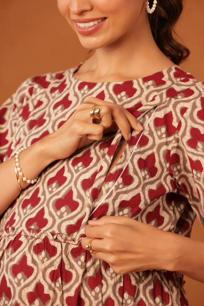 Muted Maroon Bloom Maternity & Nursing Tier Dress