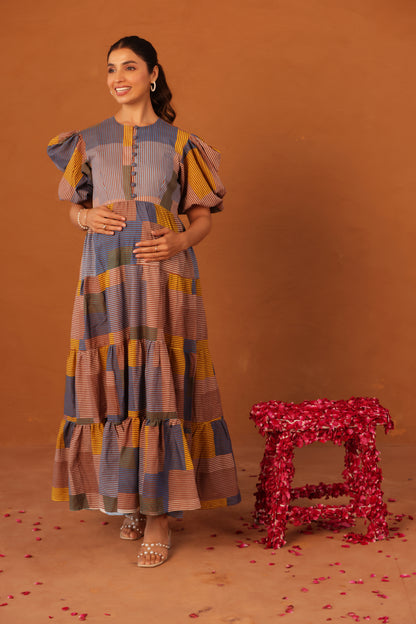 Colorblock Stripes  Cotton Tier  Maternity & Nursing Dress