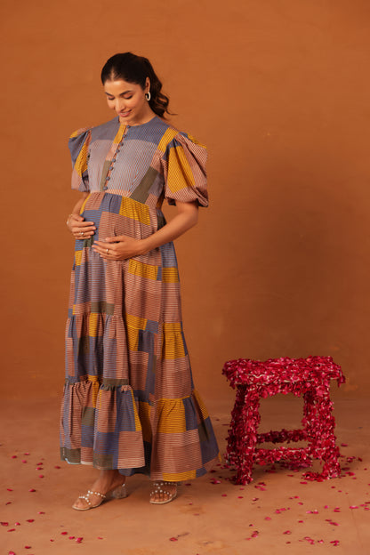 Colorblock Stripes  Cotton Tier  Maternity & Nursing Dress