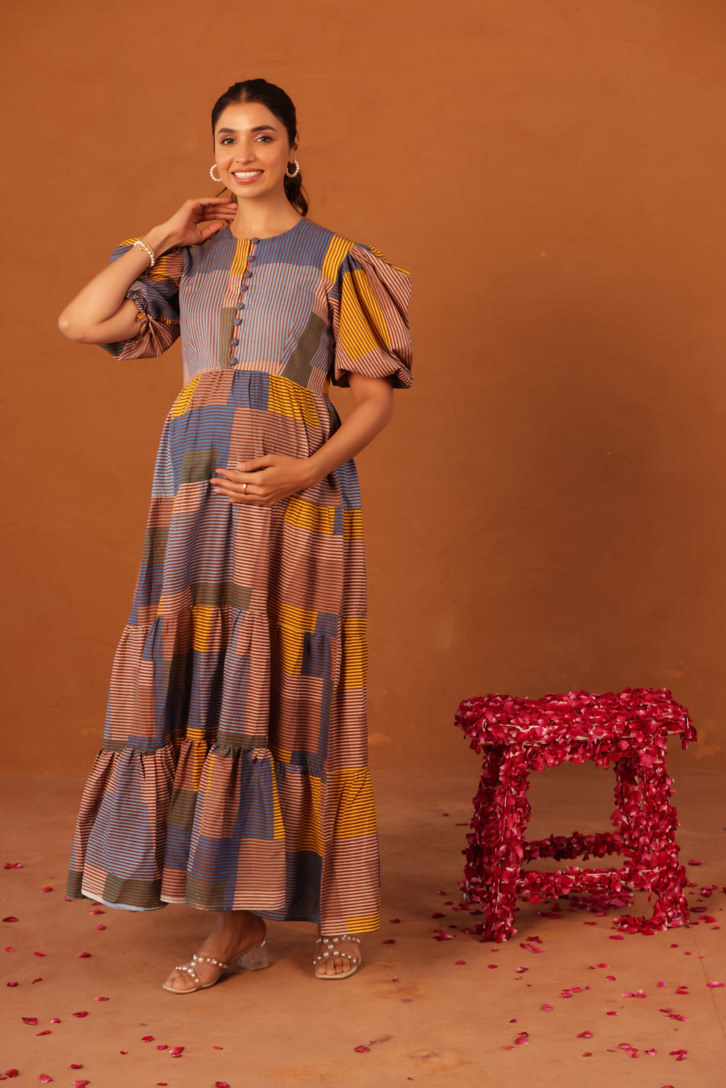 Colorblock Stripes  Cotton Tier  Maternity & Nursing Dress