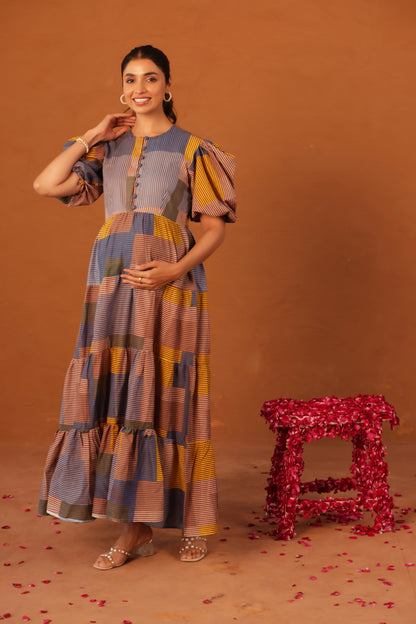 Colorblock Stripes  Cotton Tier  Maternity & Nursing Dress