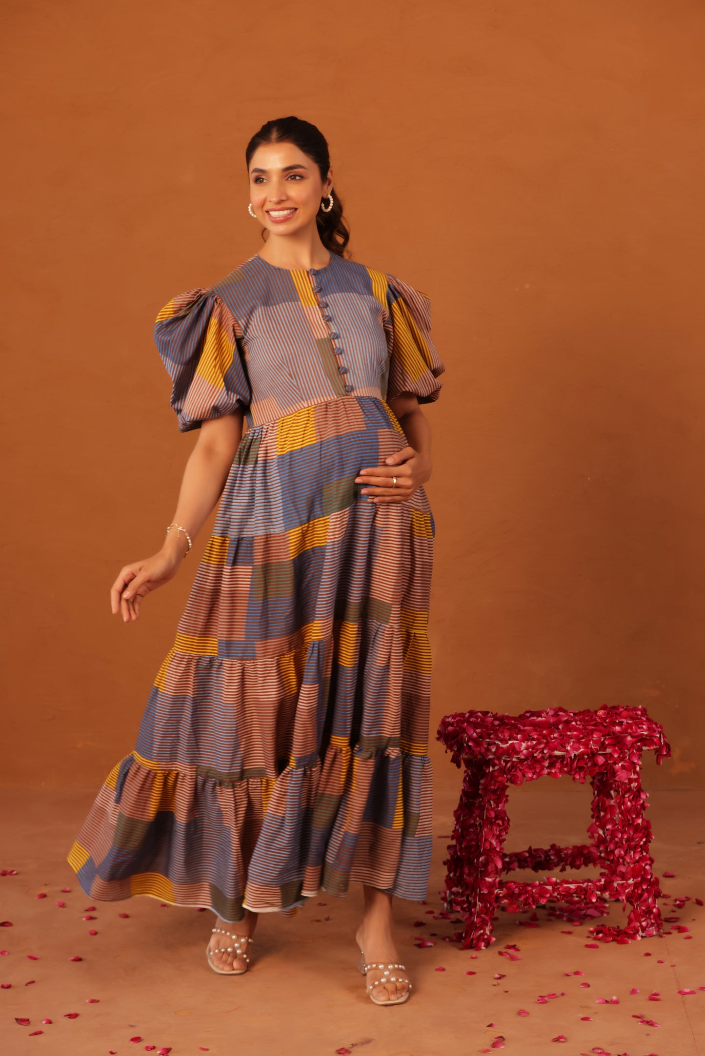 Colorblock Stripes  Cotton Tier  Maternity & Nursing Dress