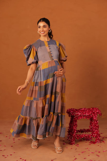 Colorblock Stripes  Cotton Tier  Maternity & Nursing Dress