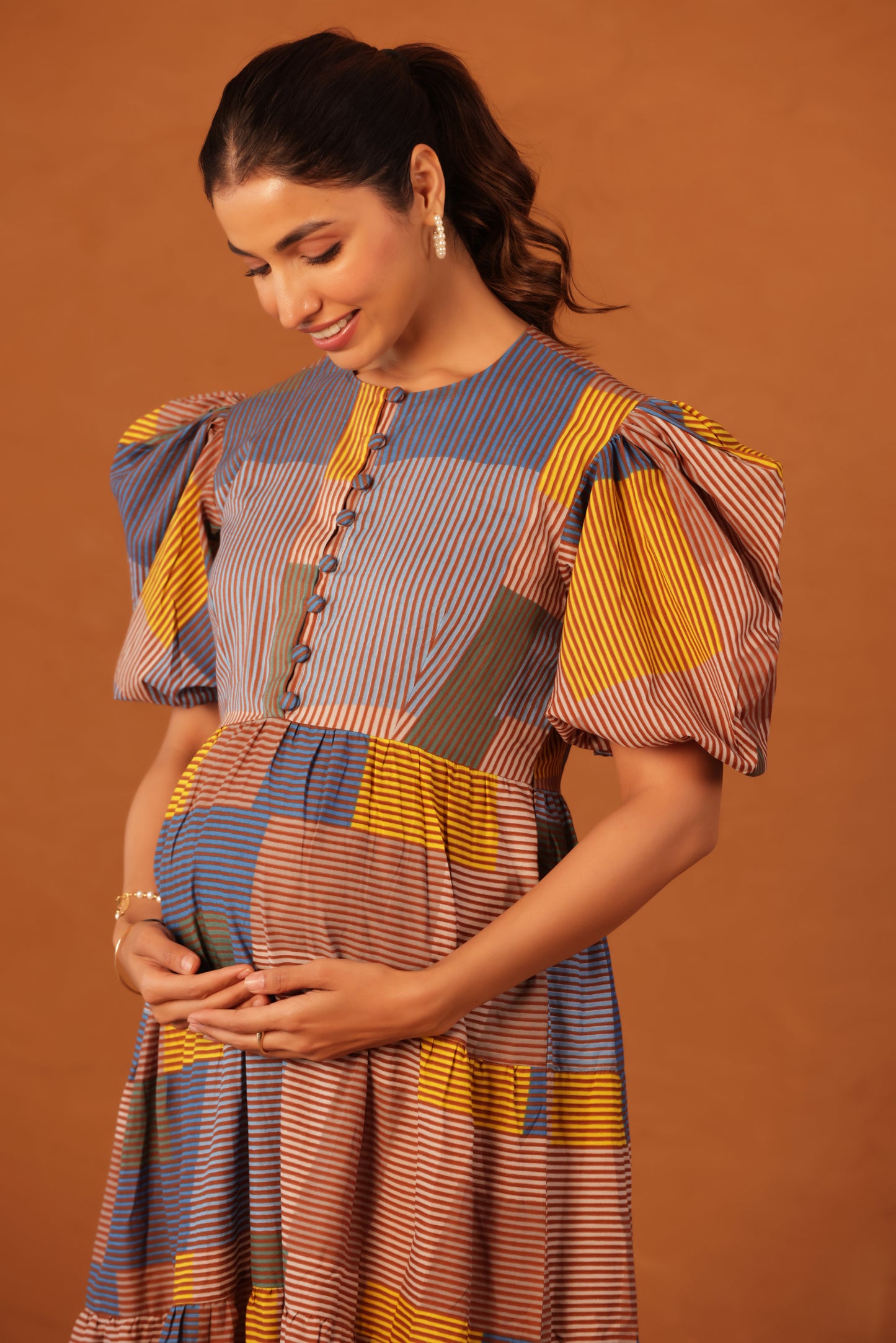 Colorblock Stripes  Cotton Tier  Maternity & Nursing Dress